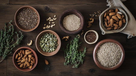 Healthy superfoods. Assortment of nuts, seeds and herbs on wooden backgroundの素材