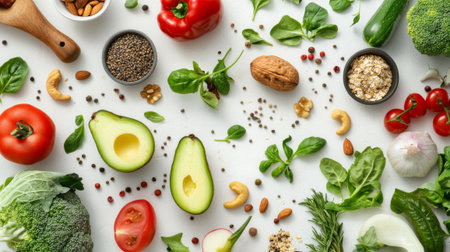Composition with fresh vegetables and nuts on white background, top viewの素材
