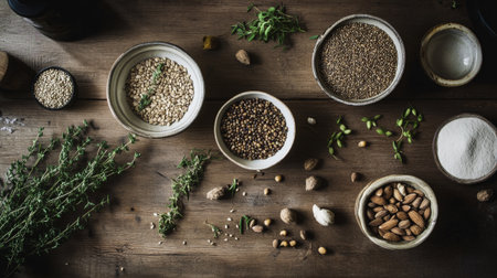 Spices and herbs on a wooden table, top view, flat layの素材