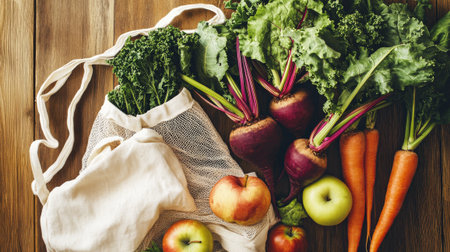 Zero waste shopping. Fresh organic vegetables and fruits in reusable shopping bag on wooden background, top viewの素材