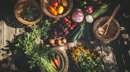 Organic vegetables on rustic wooden background, top view, copy spaceの素材