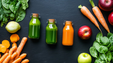 Bottles of fresh vegetable juices and ingredients on black background, top viewの素材