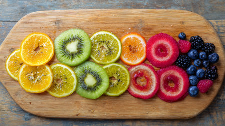 Sliced fruit on a cutting board, top view, verticalの素材