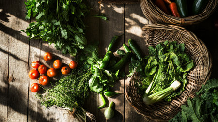 Fresh vegetables in wicker basket on wooden background, top view.の素材
