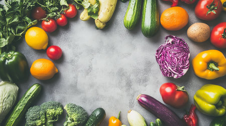 Variety of fresh vegetables on grey background, top view, copy spaceの素材