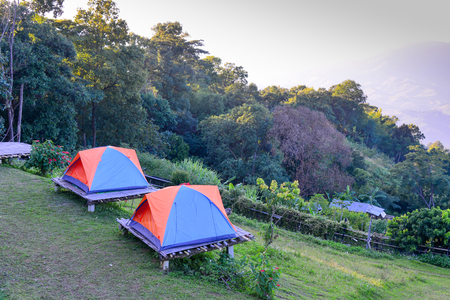 tent accommodation and landscapeの写真素材