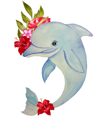 Watercolor illustration with a dolphin and tropical flowers. Paper texture, hand-drawn, isolate on a white background. Suitable for decoration, printing and web design.の写真素材