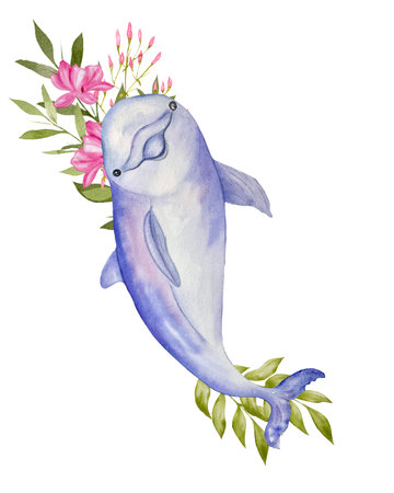Watercolor illustration with a dolphin and tropical flowers. Paper texture, hand-drawn, isolate on a white background. Suitable for decoration, printing and web design.の写真素材