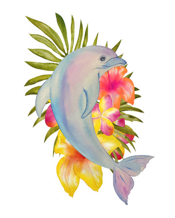 Watercolor illustration with a dolphin and tropical flowers. Paper texture, hand-drawn, isolate on a white background. Suitable for decoration, printing and web design.の写真素材