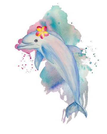 Watercolor illustration with a dolphin and tropical flowers. Paper texture, hand-drawn, isolate on a white background. Suitable for decoration, printing and web design.の写真素材
