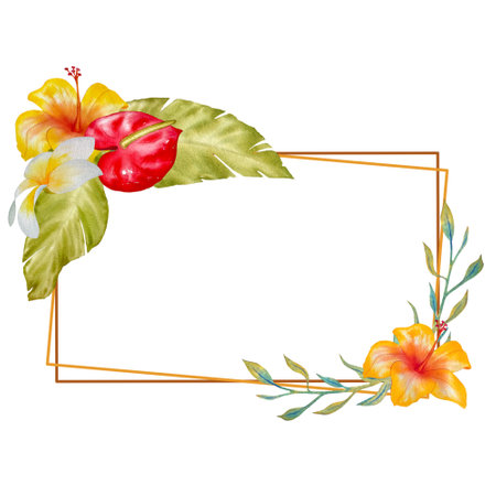 Design frames with tropical flowers and leaves. Watercolor illustrations, hand-drawn. High resolution, isolates on a white background. Ideal for wedding, greeting and invitation cards.の写真素材