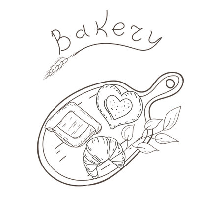 Sweet pastries on a cutting board, croissant, buns, vector illustration in doodle style. Hand-drawn, isolated white background. Ideal for packaging, menus, covers.のイラスト素材