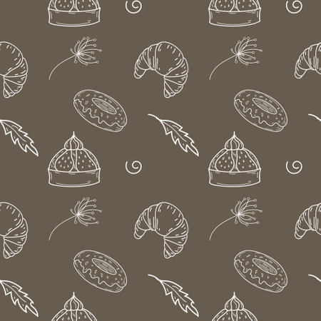 Seamless pattern of pastries and a sweet dessert in the doodle style. A hand-drawn vector illustration isolated on a color background. Suitable for packaging, background and any web design.のイラスト素材