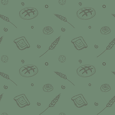Seamless pattern of pastries and a sweet dessert in the doodle style. A hand-drawn vector illustration isolated on a color background. Suitable for packaging, background and any web design.のイラスト素材