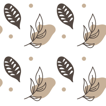 Seamless aesthetic pattern with hand drawn abstract leaves and shapes on white background. Creative scandinavian fabric, wrapping texture, textile, wallpaper, home apparel. Vector EPS illustration.のイラスト素材