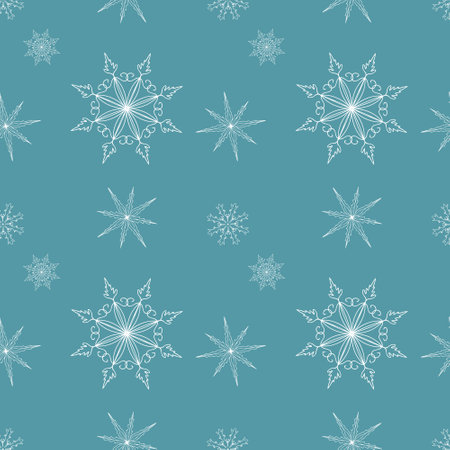 Seamless Christmas pattern with white snowflakes on blue background. Winter decoration. Happy new year vector illustration, for cards, packing, wallpaper and other.のイラスト素材