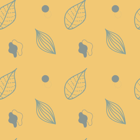 Seamless aesthetic pattern with hand drawn abstract leaves and shapes on yellow background. Creative scandinavian fabric, wrapping texture, textile, wallpaper, home apparel. Vector EPS illustration.のイラスト素材