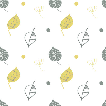 Seamless aesthetic pattern with hand drawn abstract leaves and shapes on white background. Creative scandinavian fabric, wrapping texture, textile, wallpaper, home apparel. Vector EPS illustration.のイラスト素材