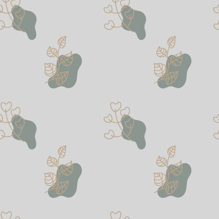 Seamless aesthetic pattern with hand drawn abstract leaves and shapes on grey background. Creative scandinavian fabric, wrapping texture, textile, wallpaper, home apparel. Vector EPS illustration.のイラスト素材