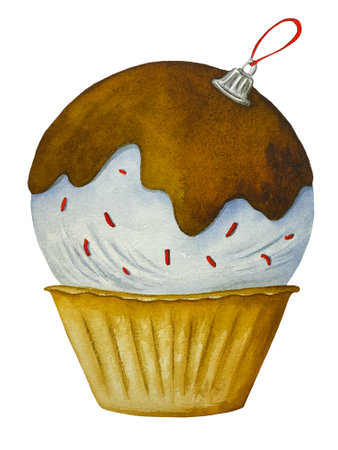 Festive ice cream on the theme of Christmas and New Year. Ice cream in the form of a Christmas ball, drawn by hand. Watercolor and colored pencils. Ideal for cards, posters, packaging, prints, etc.の写真素材