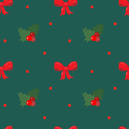 Christmas bow, hollyberry, confetti. Christmas vector seamless pattern. Colorful flat icons on a green background. Wrapping paper. Scrapbook paper.のイラスト素材
