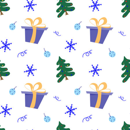 Christmas tree, gift box, snowflakes, confetti. Christmas vector seamless pattern. Colorful flat icons on a white background. Wrapping paper. Scrapbook paper.のイラスト素材