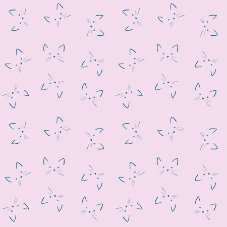 Digital seamless pattern cute cat face clipart,cartoon repeating pattern, fabric textile gift wrapping paper, wallpaper for childrens room. Hand drawn illustration on pink background.の写真素材