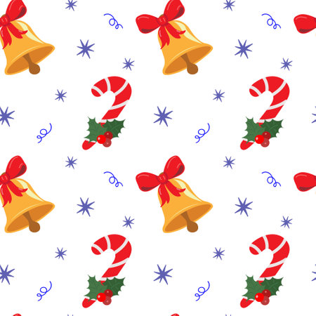 Christmas bow, bell, hollyberry, candy cane, confetti and snowflakes. Christmas vector seamless pattern. Colorful flat icons on a white background. Wrapping paper. Scrapbook paper.のイラスト素材