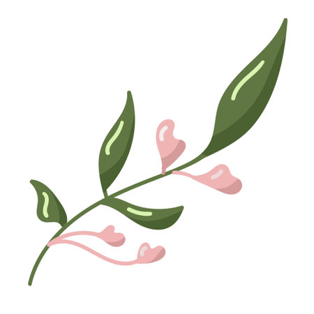 Branch with pink flowers in the shape of hearts, vector illustration of Valentine's day. Icon element on white background, hand drawn. Design for gifts, invitations, frames, banners, menus, labels and websites.のイラスト素材