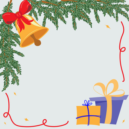 New Year's frame with jingle bell, fir, bow and gifts. Vector illustration, hand drawn. Perfect for card, decoration, packing and wallpaper.のイラスト素材