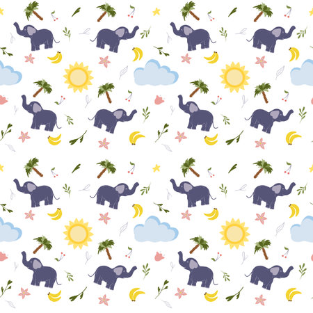 Seamless pattern with cute animals, elephant, colorful kids background. Textured illustration, hand drawn. For clothes, packing, wallpaper and other.の写真素材