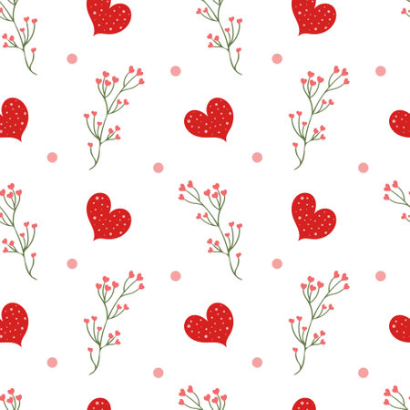 Lovely seamless pattern with hearts, flowers and leaves on white background. Cute print for Valentines day. Vector illustration, hand drawn. We use this pattern for greeting cards, packing, invitation and scrapbooking.のイラスト素材