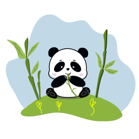 Panda baby seat and eating. Vector illustration of Cute baby panda tree climbing bamboo. Suitable for printers, stickers, packaging and any DIYのイラスト素材