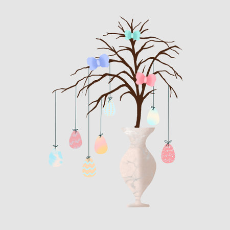 Ceramic clay vase and spring twigs with brunch and Easter eggs isolated on light blue background....