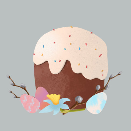 Easter cake digital illustration with colorful painted eggs, willow and flower. Happy easter background, hand drawn. Spring symbol. For card, packing, sticker, wall paper a nd other.の写真素材