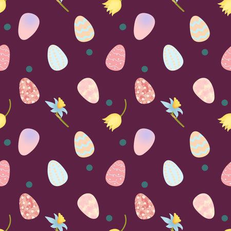Easter eggs with flowers, Easter pattern on color background. Digital illustration, hand drawn....