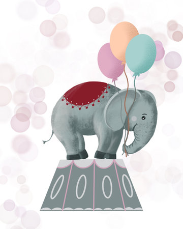 Circus animals are an elephant on a pedestal with balloons. Digital illustration on a white background, hand-drawn. Vintage cute toys. For childrens goods, packaging, backgrounds, postcards, stickers.の写真素材