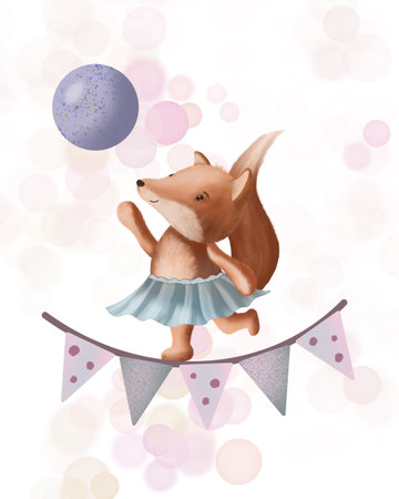 Circus animals are a Fox with a ball on a rope. Digital illustration on a white background, hand-drawn. Vintage cute toys. For children's goods, packaging, backgrounds, postcards, stickers.の写真素材