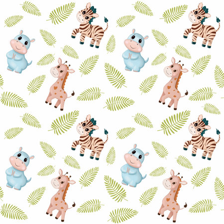 Nursery seamless pattern digital illustration with baby hippo, giraffe and zebra, plants and sun on color background. Hand drawing. Perfect for kids apparel, fabric, textile, nursery decoration, wrapping paper and print.の写真素材