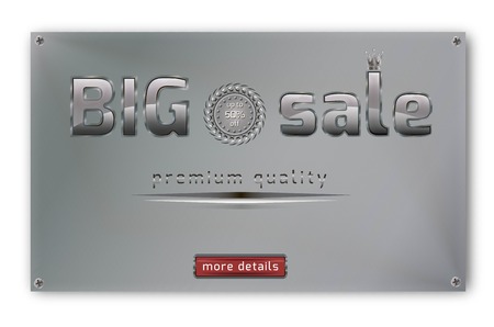 Vector. Big Sale. Advertising banner. Realistic metal plate. Stainless steel, steel, chrome, silver imitationのイラスト素材