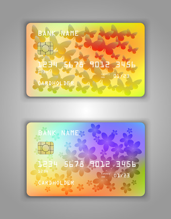 Vector set Realistic credit bank card mockup. Rainbow, multicolor, yellow, butterfly, flowers, yellow orange redのイラスト素材