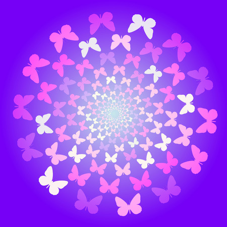 Abstract background of butterflies flying in a circle. Blue, purple, pink, pattern, movement.のイラスト素材