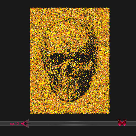 Vector Skull halftone on white. Gold and yellow sequins. Circles, dots. Icon, head, conceptのイラスト素材