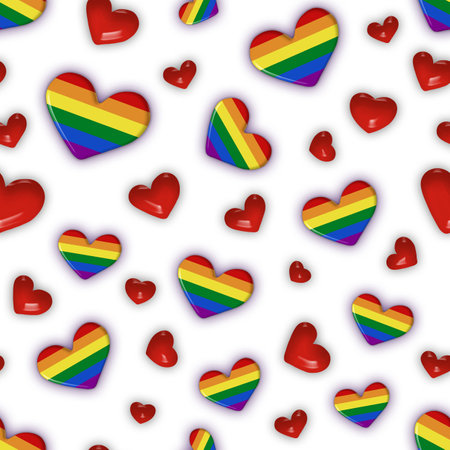Seamless square background of rainbow hearts on a white background. Symbol of LGBT people, freedom of the sexes, equality, love. Background conceptの写真素材