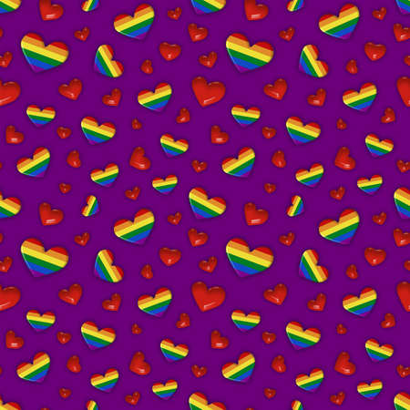 Seamless square background of rainbow hearts on a purple background. Symbol of LGBT people, freedom of the sexes, equality, love. Background conceptの写真素材