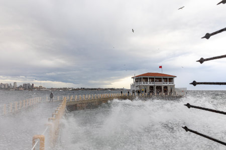 Istanbul, Turkey December 11, 2022: Moda pier and southwestern wind in Istanbul Province,...
