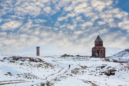 Ani site of historical cities (Ani Ruins): first entry into Anatolia, an important trade route Silk Road in the Middle Agesand. st. Gregory Church in Sudden Ruins. Kars,Turkeyの写真素材