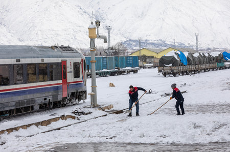 Erzincan, Turkey- January 26, 2022: Snow cleaning of Erzincan train station