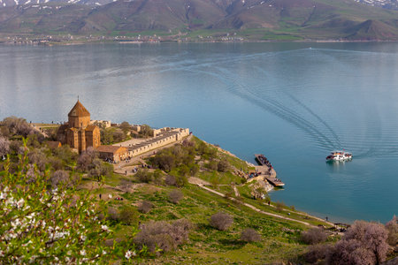 Akdamar Island in Van Lake. The Armenian Cathedral Church of the Holy Cross - Akdamar, Turkeyの写真素材