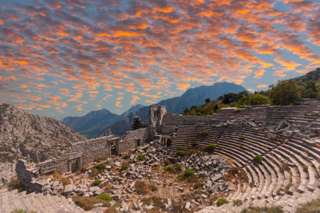 Scenic panorama of ancient amphitheatre in antique city of Termessos is one of the main tourist and archaeological site of Turkey.の写真素材
